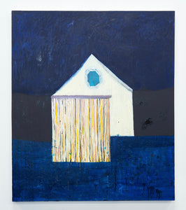 Abstract painting of a white house with a blue door on a dark blue background