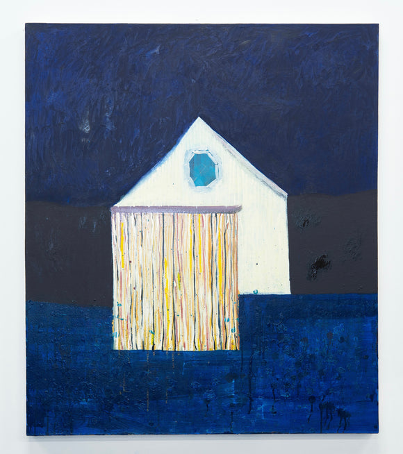 Abstract painting of a white house with a blue door on a dark blue background