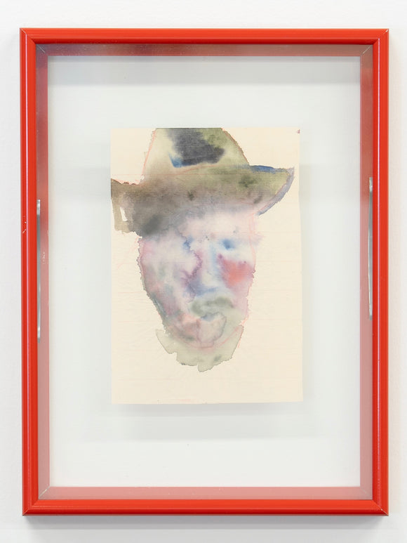 Framed watercolor painting with a red frame on a white wall
