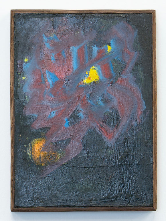 Abstract painting with red, blue, and yellow on a textured dark background