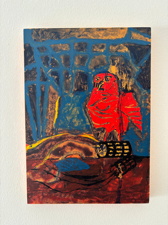 The painting depicts a red bird of prey set against an abstracted bacground. 