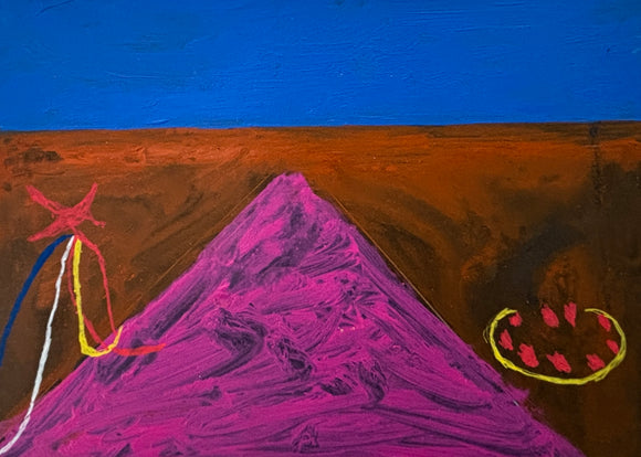 The painting is an abstracted landscape with a pink road that disappears into the distance. Colours include blue, pink, rusty browns, red, yellow and white.