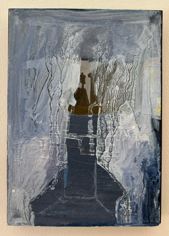 Oran Wishart's 'Jon Sigurdsson' is an abstract painting in oil on paper on board. A fluid, watery top layer partially obscures shapes beneath, creating depth and interest. Colours include blue, white, brown and a flash of yellow.