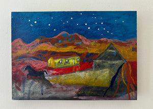 The painting is of a desert-like landcape at night. From top to bottom, a starry night overhead with mountains on the horizon. In the middle of the painting stands a yellow bungalow with a rusty tin roof and white luminescent windows and doors. 
