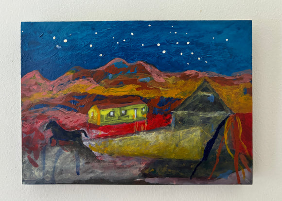 The painting is of a desert-like landcape at night. From top to bottom, a starry night overhead with mountains on the horizon. In the middle of the painting stands a yellow bungalow with a rusty tin roof and white luminescent windows and doors. 