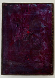 Oran Wishart's 'Harrington Street, Calcutta' is an oil painting on paper in a wenge frame. Painted in an abstract manner with a mix of textured paint and washes, the artwork is composed of purples of varying shades and splashes of scarlet.