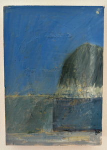Oran Wishart's 'Steina and Woody' is an oil painting on paper on board. Abstracted forms suggest sky, sea and sand with a large semi-submerged rock. Colours include sky blue, grey and light yellow.