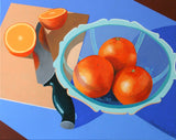 Still life painting of oranges and a knife on a blue background