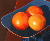 Hard-edge painting of three oranges on blue scales with a dark background
