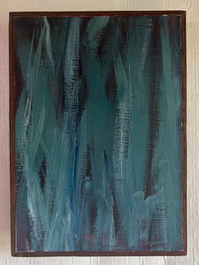 Abstract painting with teal and brown hues on a textured wall.