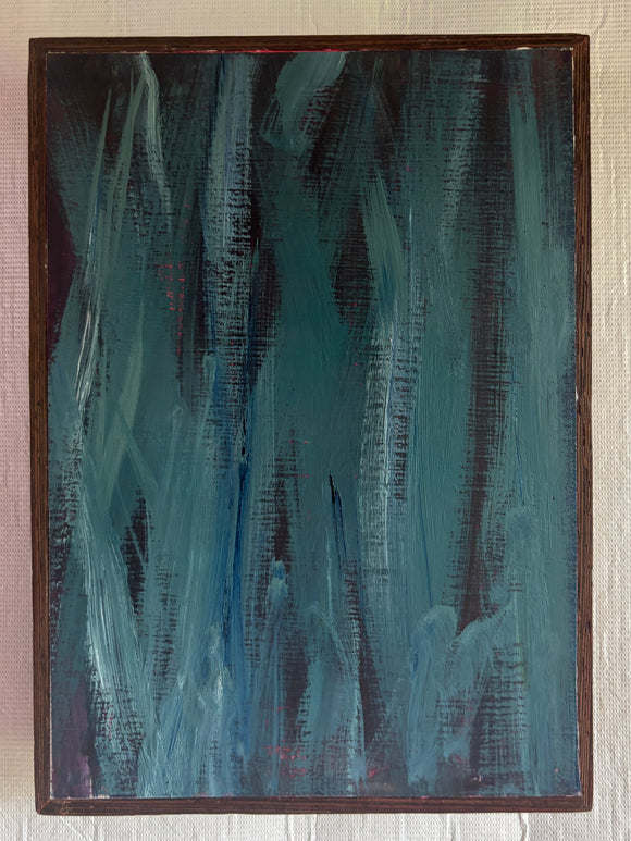 Abstract painting with teal and brown hues on a textured wall.