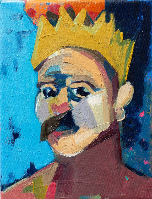 Pictured here: Gordy Livingstone's 'Punk King', an oil painting on canvas of a man wearing a crown. Painterly with strong, bold colours, the painting comprises blue, yellow, orange, pink and more