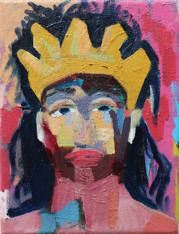 Picture here: Gordy Livingstone's 'Punk Prince', an oil painting on canvas of a person in a crown. Painterly with strong, bold colours, this portrait comprises yellow, red, pink and more.