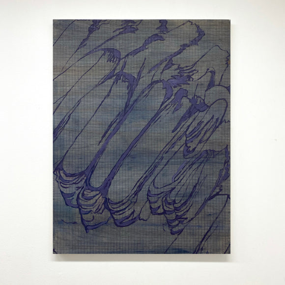 Abstract blue line drawing on grid paper mounted on board and set against a white background