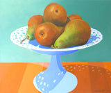 Still life painting of pears on a white stand against a teal and orange background
