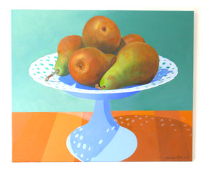 Still life painting of pears on a white stand by Marcus Bolt. The painting is on stretched canvas and is pictured here mounted on a white wall. 