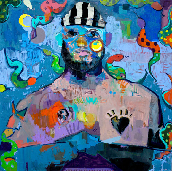 Pictured here: Gordy Livingstone's 'Perfectly Ssane' an oil painting embellished with paper and fabric collage. Stylistic with incongruent colours, the mixed-media artwork depicts a bearded figure looking out at the viewer with multi-coloured snakes slinking across the canvas.