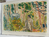 Artistic depiction of a figure and animal in a forest setting on japanese paper.