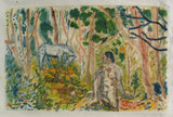 Artistic depiction of a deer and a nude figure in a forest setting