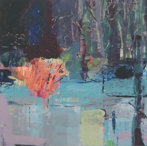 Rue Asher's 'The Singing Ringing Tree' is an oil painting with oil bar on board. Abstract with suggestions of trees, the artwork is expressive and gestural, reflecting Asher's interest in memory and our understanding of place and places. 