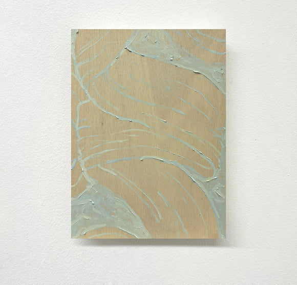 Abstract painting with textured light gray paint on a light coloured board, set against a white background