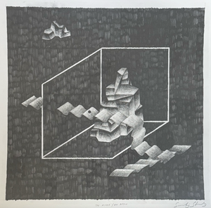 Sarah J. Stanley's 'The River/An Apple' is a pencil drawing on paper. Pictorially surreal the drawing is composed of shapes imitating craggy rocks and streaming water. At the centre of the picture, stands a three sided, angular structure. A silhouette of an apple is discreetly positioned on top of one of the rippling shape that suggests a river. The background has been completely blacked-out with graphite pencil while the shapes are lighter. 
