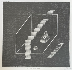Sarah J. Stanley's 'The River/The Heron' is a pencil drawing on paper. Monochrome and pictorially surreal, the drawing is composed of an angular frame, craggy rocks, a silhouette of a heron, and rivers that run across the page. The dark background,  entirely blacked-out with graphite pencil, contrasts with the hovering imagery that is lighter in shade. 