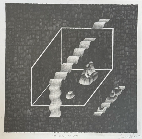 Sarah J. Stanley's 'The River/The Heron' is a pencil drawing on paper. Monochrome and pictorially surreal, the drawing is composed of an angular frame, craggy rocks, a silhouette of a heron, and rivers that run across the page. The dark background,  entirely blacked-out with graphite pencil, contrasts with the hovering imagery that is lighter in shade. 