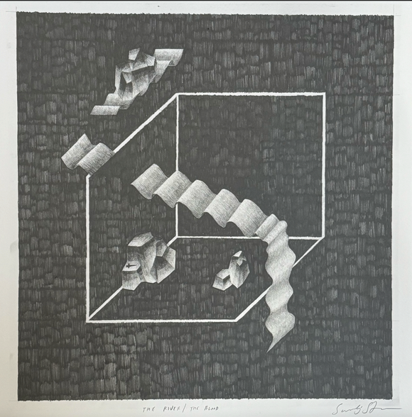 Monochrome and pictorially surreal, the drawing is composed of a three-sided, angular structure, craggy rocks, a silhouette of a dagger, and rivers that run across the page. The dark background,  entirely blacked-out with graphite pencil, contrasts with the hovering imagery that is lighter in shade.