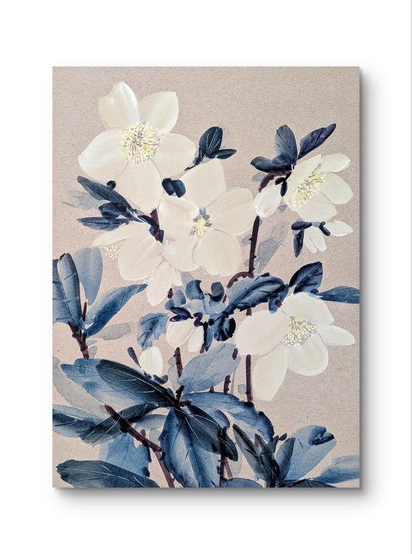 Picture is a detailed study of a hellebores. Muted, the pallet only consists of ink blue, white and cream. 