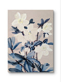 Picture is a detailed study of a hellebores. Muted, the pallet only consists of ink blue, white and cream. 