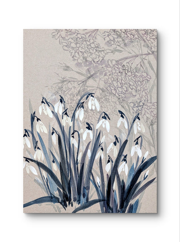 Shot of artwork in situ on white wall. Picture is of snowdrops with shrubbery faintly rendered in the background. Muted palett of inky blues and greys with white flowers. 