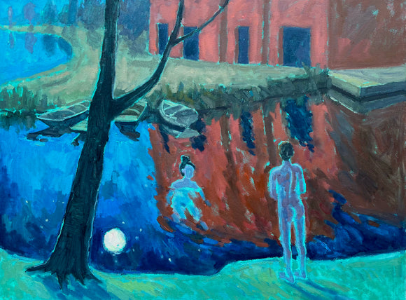 The painting's palette characterises that of a fauvist painting. It depicts a nightime scene evoked by the moon reflected in the water. It features two nude figures - one, a woman bobbing in the water looking at the other, a man stood on the embankment with his back to the viewer. The silhouette of a tree in the foreground leads your eye up to boats sitting still in the water and a building which resembles a large boathouse. 
