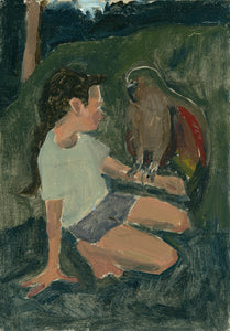 Loose, veering on gestural, the painting renders a girl crouched down with a large parrot perched on her left forearm. The colours are predominantly shades of green. 