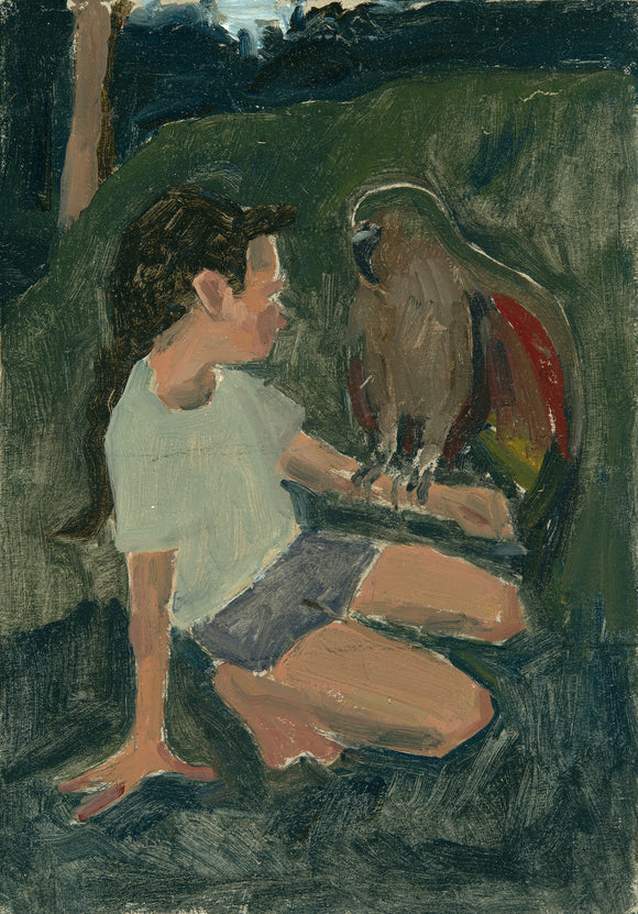 Loose, veering on gestural, the painting renders a girl crouched down with a large parrot perched on her left forearm. The colours are predominantly shades of green. 