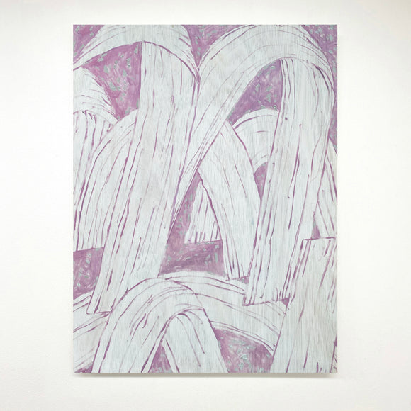 Abstract artwork in pink and white on board set against a white background