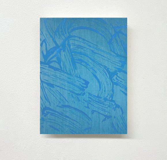 Blue abstract painting on board, set against a white background