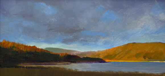 Andrew Sinclair's 'Illuminated Laudale' is an oil painting of a Highland landscape featuring a loch and hills. The grey rainclouds perculated with blue and the sunlit hills suggest there's been a break in the weather. 