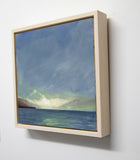 FRAME II Andrew Sinclair's 'Carna Alight' is an oil painting on board. It depicts a Highland view over open water with a stormy sky above and hills beyond. In the distance, the dark grey clouds are punctuated by sunlight. Carna is a small island located between the Ardnamurchan and Morvern peninsula.