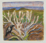 Stylised depiction of a crow perched on a branch with a landscape background
