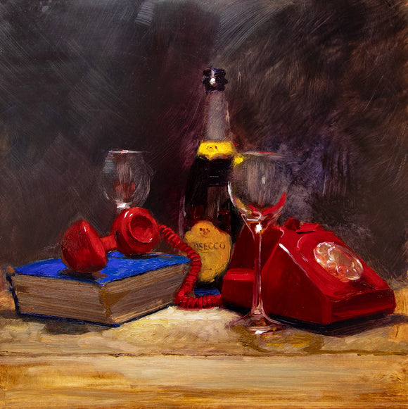 Andrew Sinclair's 'Engaged' is an oil painting depicting a bottle of prosecco, two glasses and red telephone.