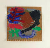 Abstract painting with red, blue, green, and black on a brown background