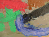Abstract painting with red, green, blue, and black colors on a textured surface.