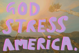 FRONT DETAIL Dan Jamieson's 'God Stress America' is a digital artwork printed on alluminium. The background derives from photos taken on a 35mm style disposable camera while on a trip to Palm Springs during the 2024 election week. Jamieson has embellished the photograph with his trademark play-on-words, altering the well-known slogan 'God Bless America' to 'God Stress America'. 