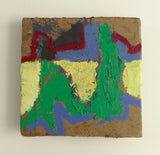 Abstract painting on a textured surface with green, blue, red, and yellow colors.