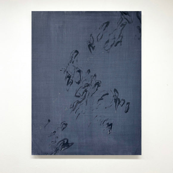 Abstract and gestural black ink marks on a blue background