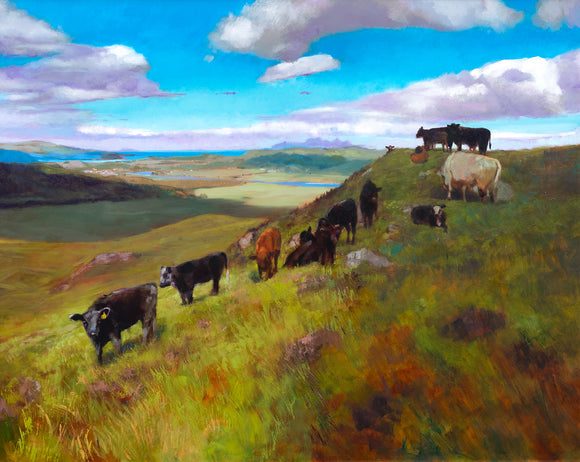 Andrew Sinclair's 'Herd' is an oil painting depicting a herd of cows on a hillside.