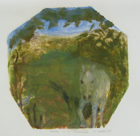 Monotype on paper. Picture is of a horse in a landscape with greenery and blue sky.
