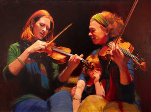 Andrew Sinclair 'How To Hold The Fiddle' is an oil painting on linen that depicts two women and a child. The painting suggests one woman is giving the other a fiddle lesson. 