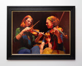 Andrew Sinclair's 'How to Hold The Fiddle' an oil painting on linen. Comes framed in a black wooden frame with an inner gold slip.